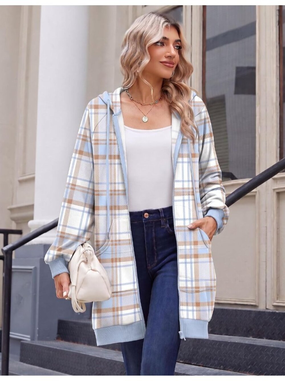 Women's White Blue Plaid Oversized Fleece Hoodie Full Zip Pocket Jacket Top - Picture 2 of 6